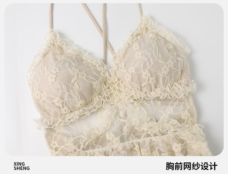 ベージュコーデ 華やか花柄レース キャミソールワンピース