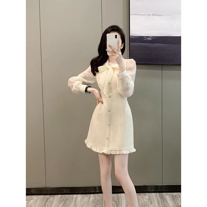 ベージュコーデ リボン付きシフォン袖フリルワンピース