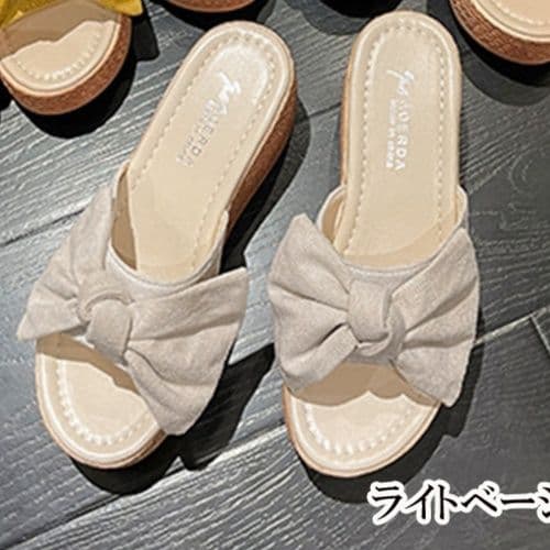 ベージュコーデ リボン付き 厚底サンダル 美脚ウエッジソール 靴