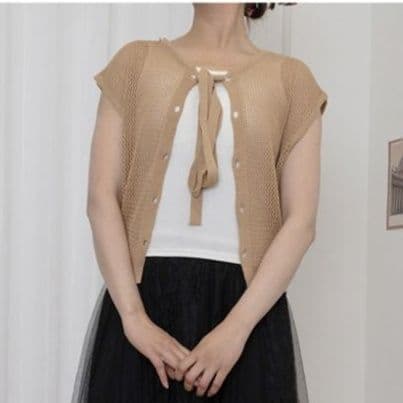 ベージュコーデ 透かし編み バックリボン 前後着用トップス
