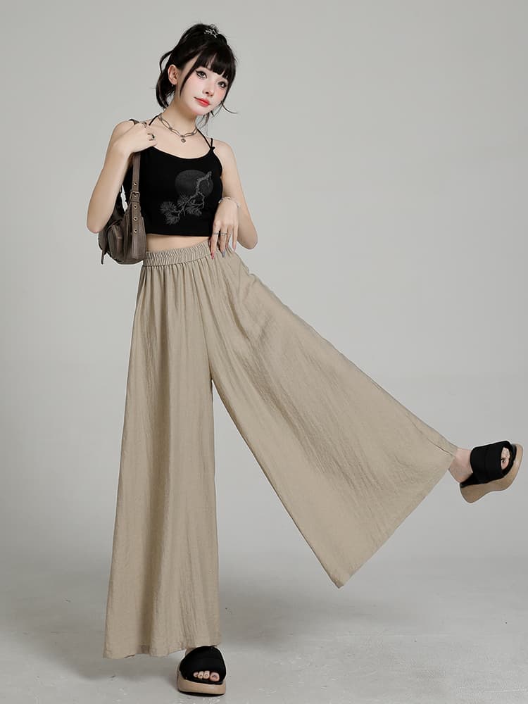 ベージュコーデ リネン風ワイドフレアパンツ