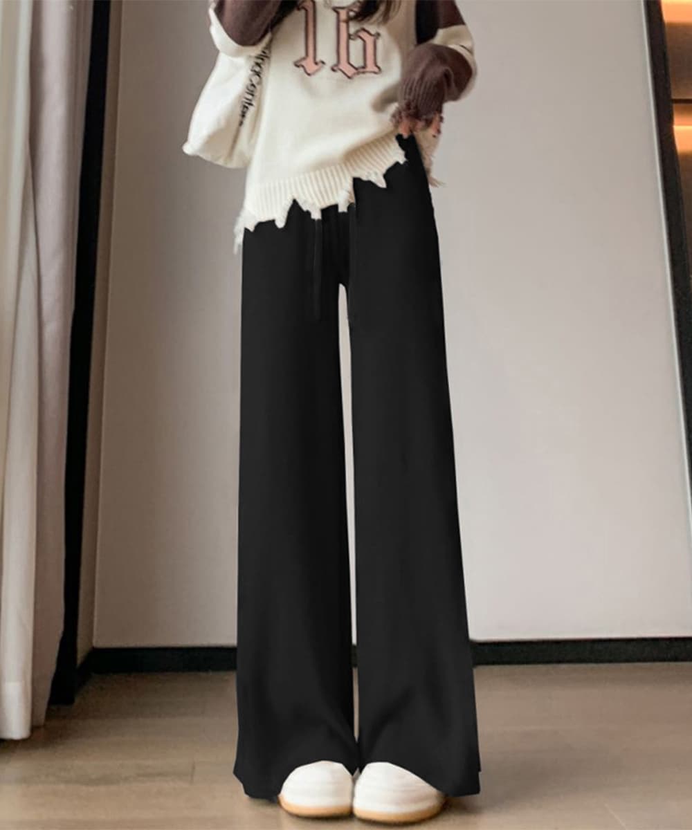 ベージュコーデ 縦リブ編みニットワイドパンツ 秋冬暖かパンツ
