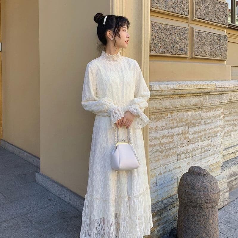 ベージュコーデ レース編み花柄フリルレトロワンピース