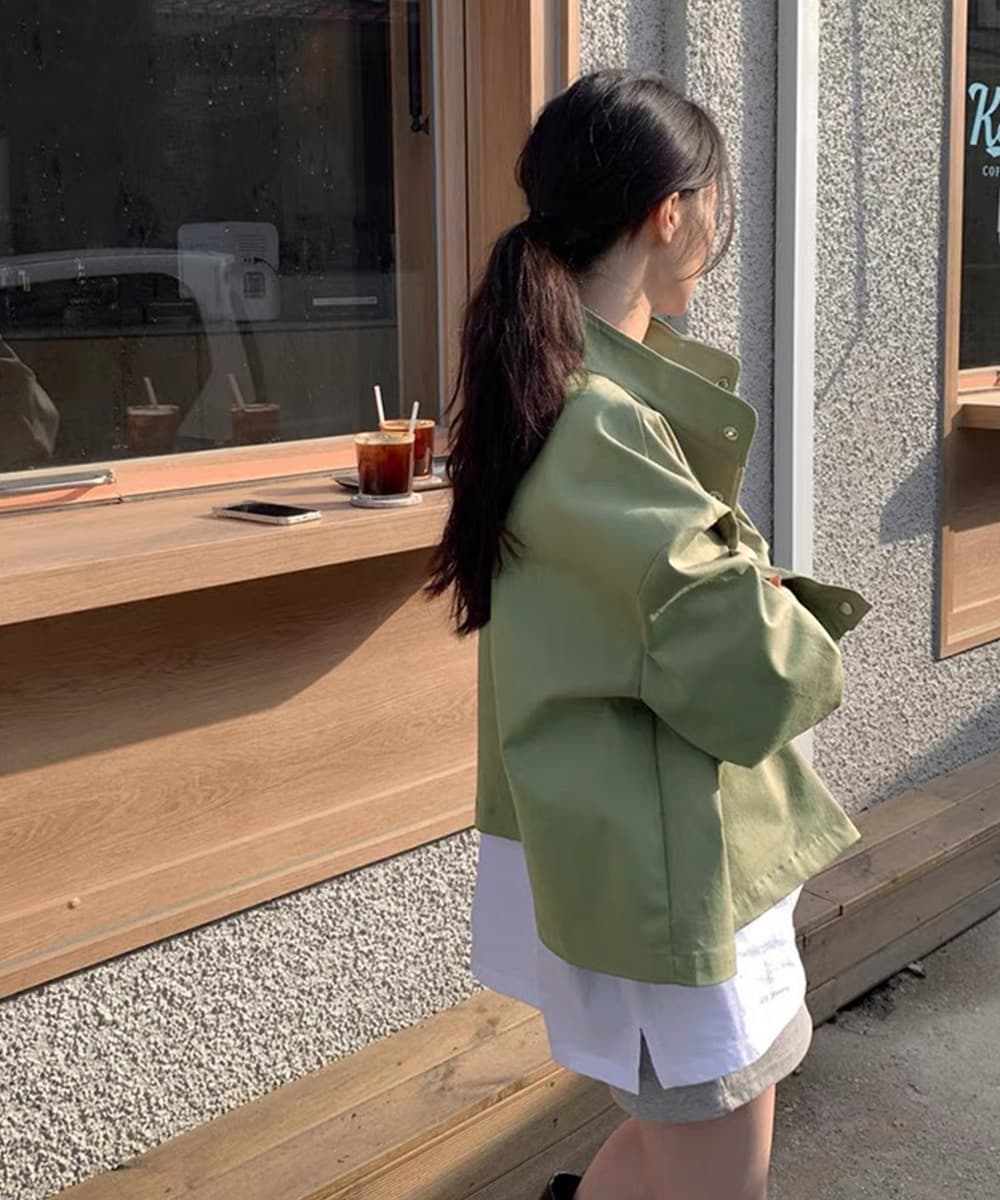 ベージュコーデ 立ち襟ジャケット韓国風トップス春秋