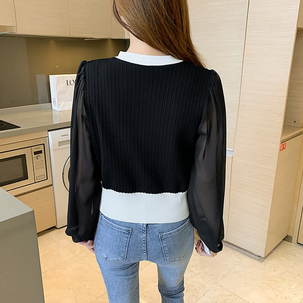 ベージュコーデ 韓国風シフォン袖ニットカーディガントップス秋服