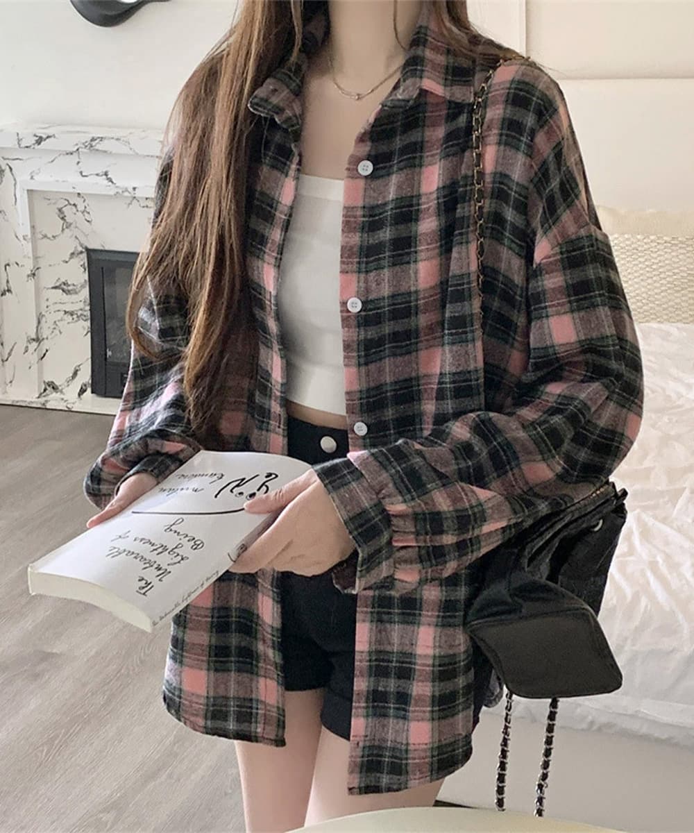 ベージュコーデ 女性用格子柄シャツトップス復古風長袖