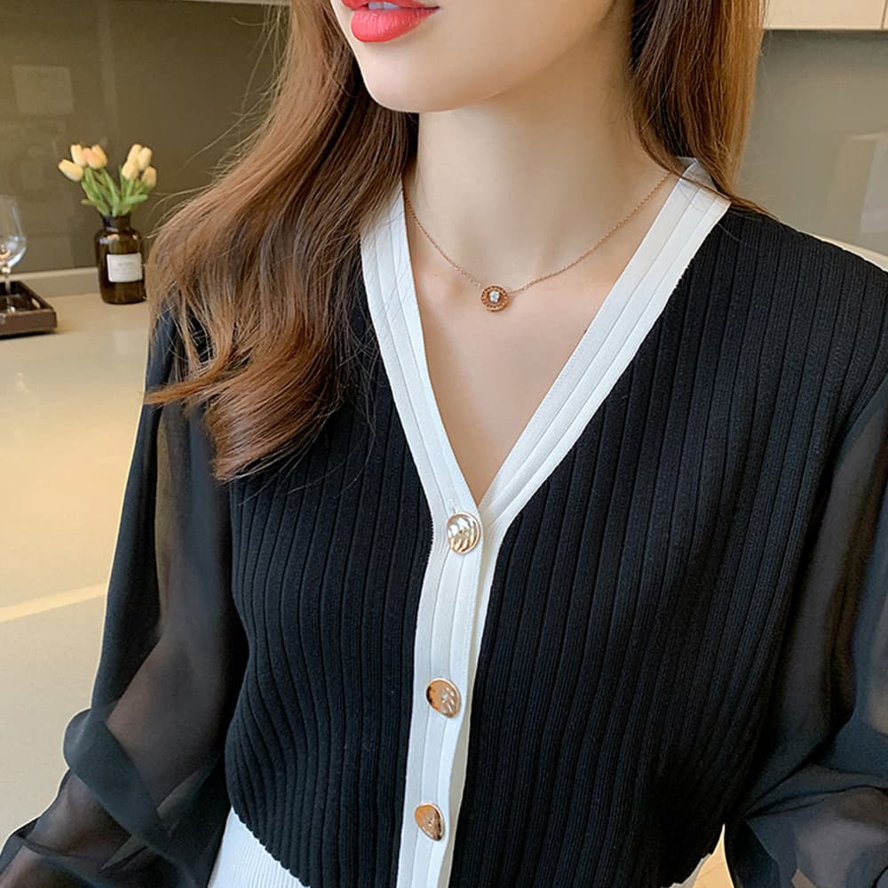 ベージュコーデ 韓国風シフォン袖ニットカーディガントップス秋服