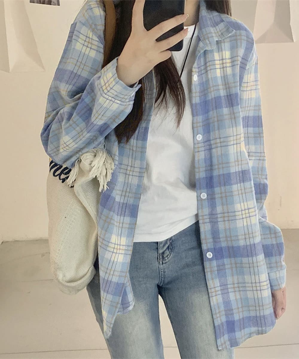 ベージュコーデ 女性用格子柄シャツトップス復古風長袖