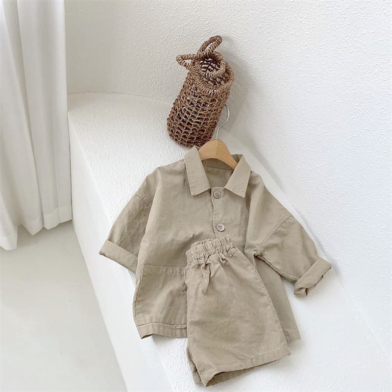 ベージュコーデ 夏新作 キッズ ナチュラル リネン風 半袖シャツ ショートパンツ 2点セット