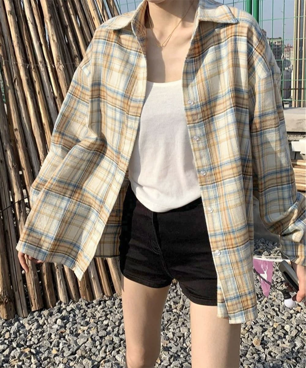 ベージュコーデ 女性用格子柄シャツトップス復古風長袖
