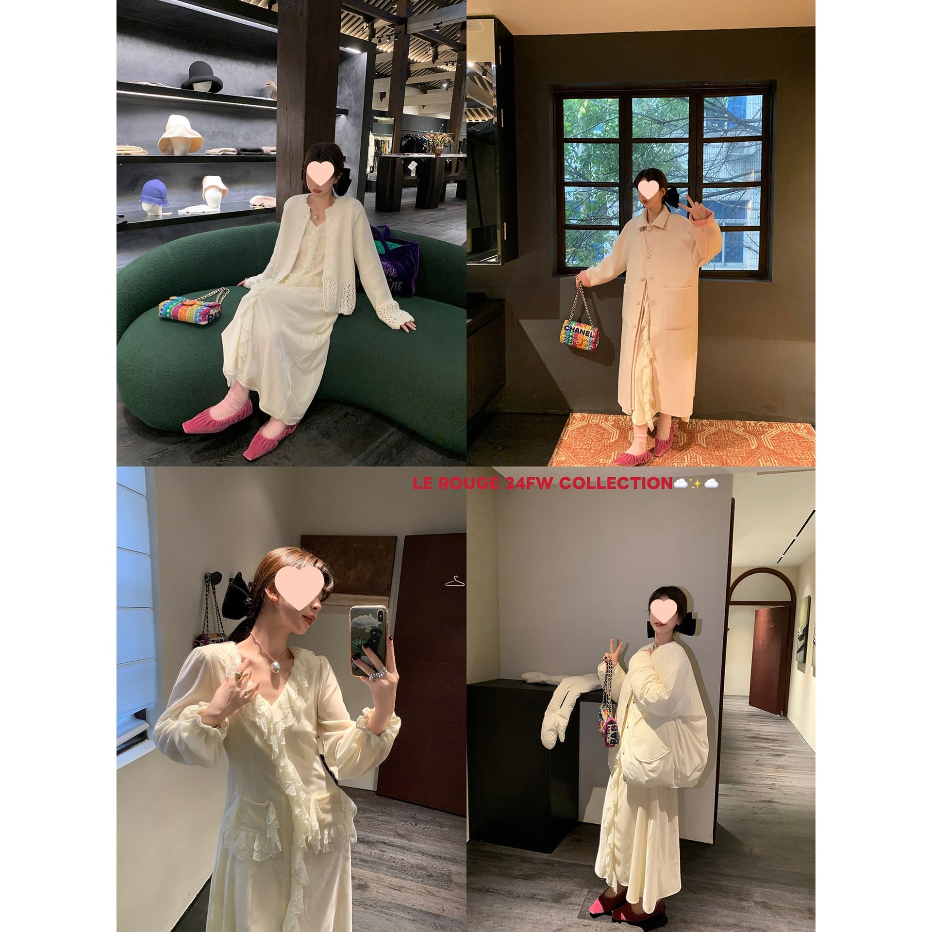 ベージュコーデ フリル襟ロマンティック長袖ワンピース