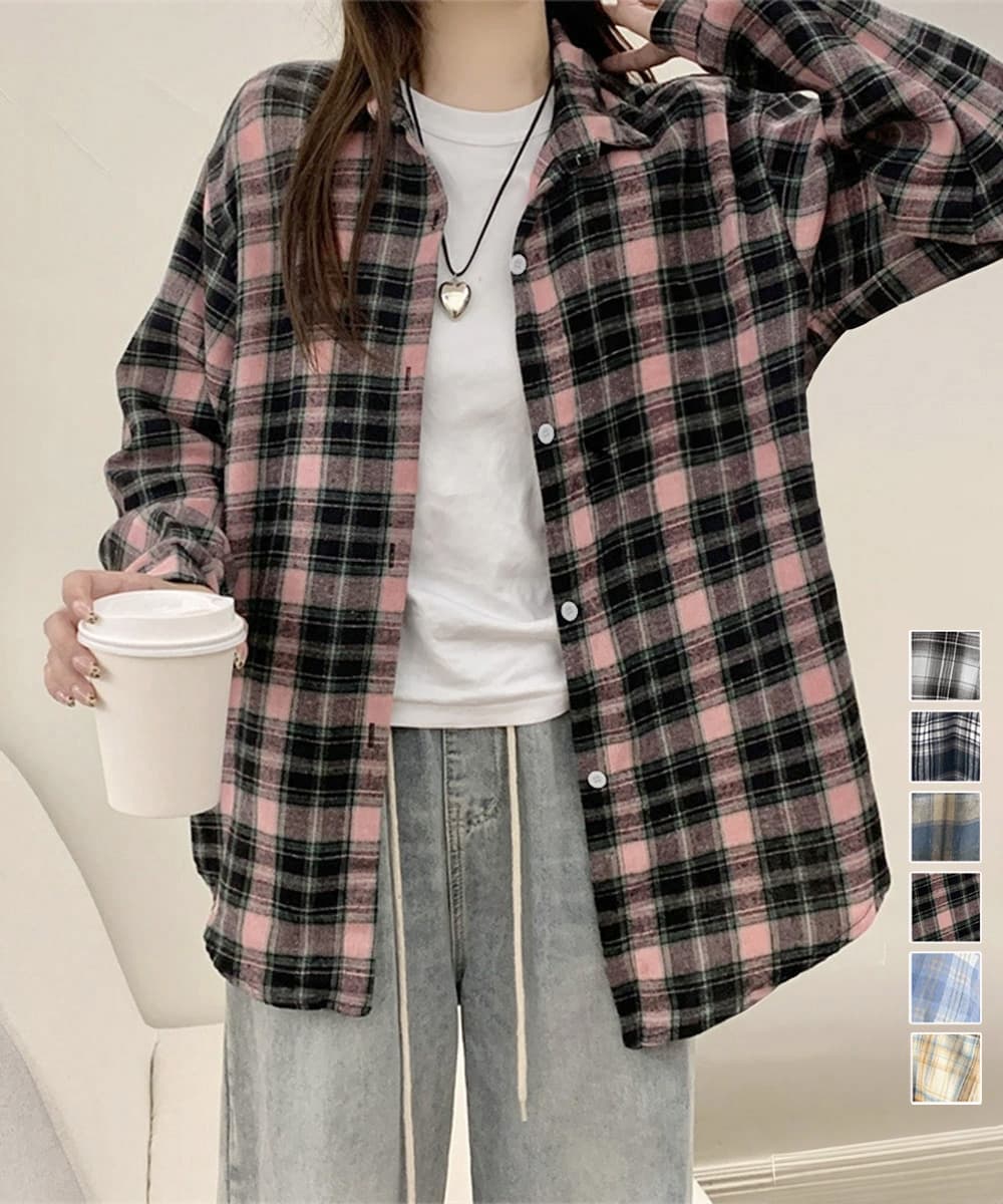ベージュコーデ 女性用格子柄シャツトップス復古風長袖