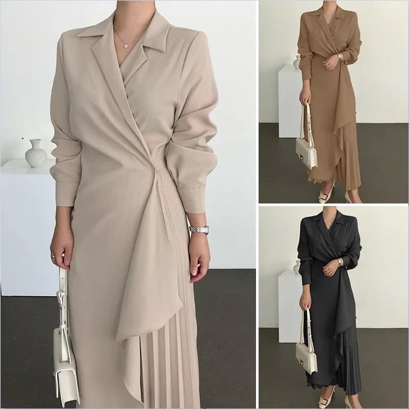 ベージュコーデ プリーツ切替えラップ風ワンピース