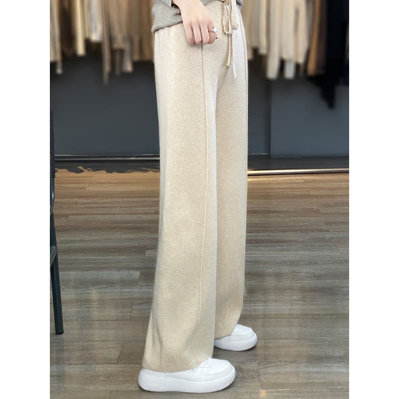 ベージュコーデ ウェイストリボン付きワイドパンツ