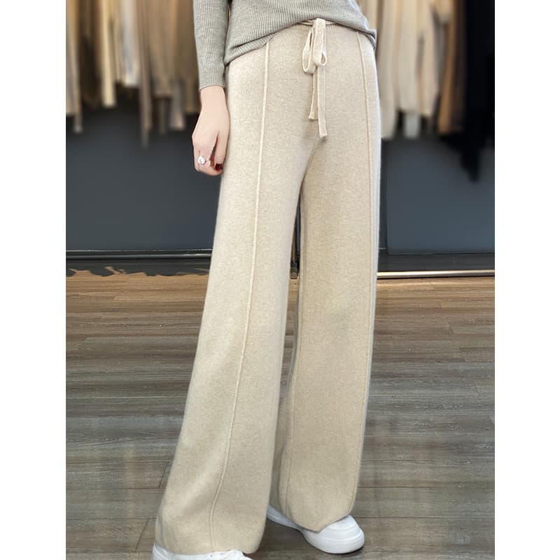 ベージュコーデ ウェイストリボン付きワイドパンツ