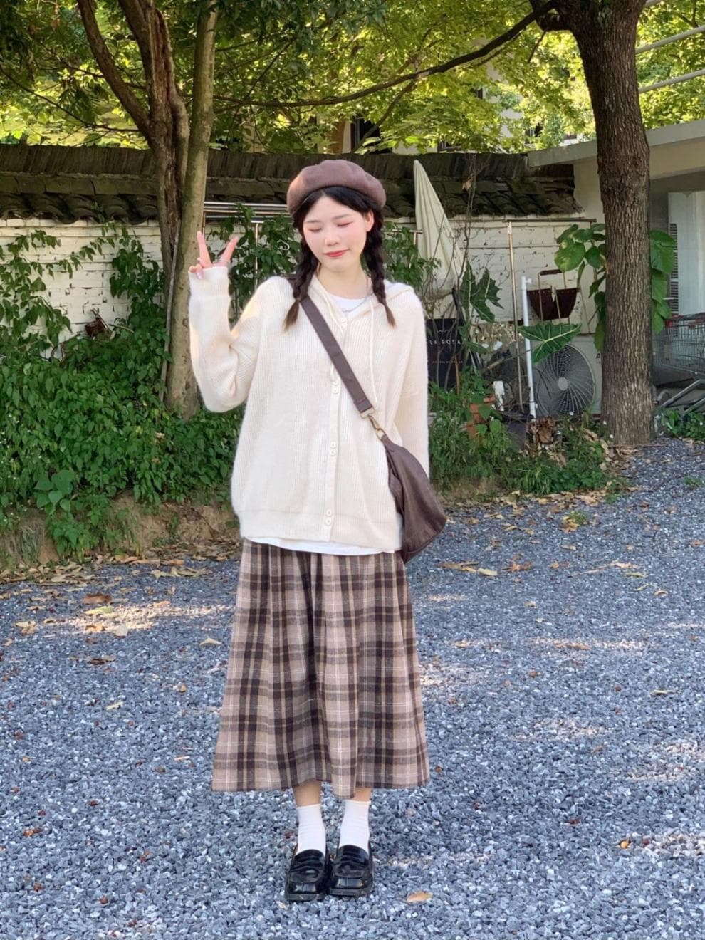 ベージュコーデ なごみチェック柄ロングスカート