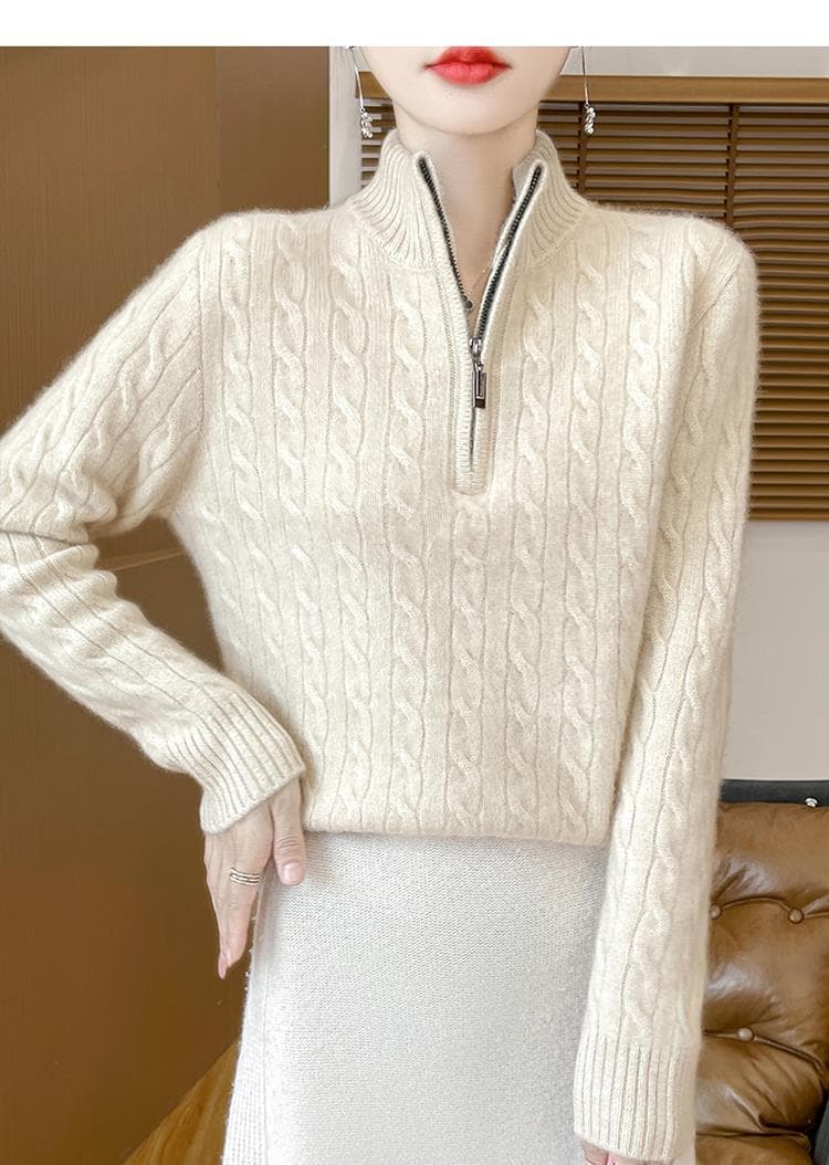 ベージュコーデ 冬仕様ケーブル編みハーフジップニット