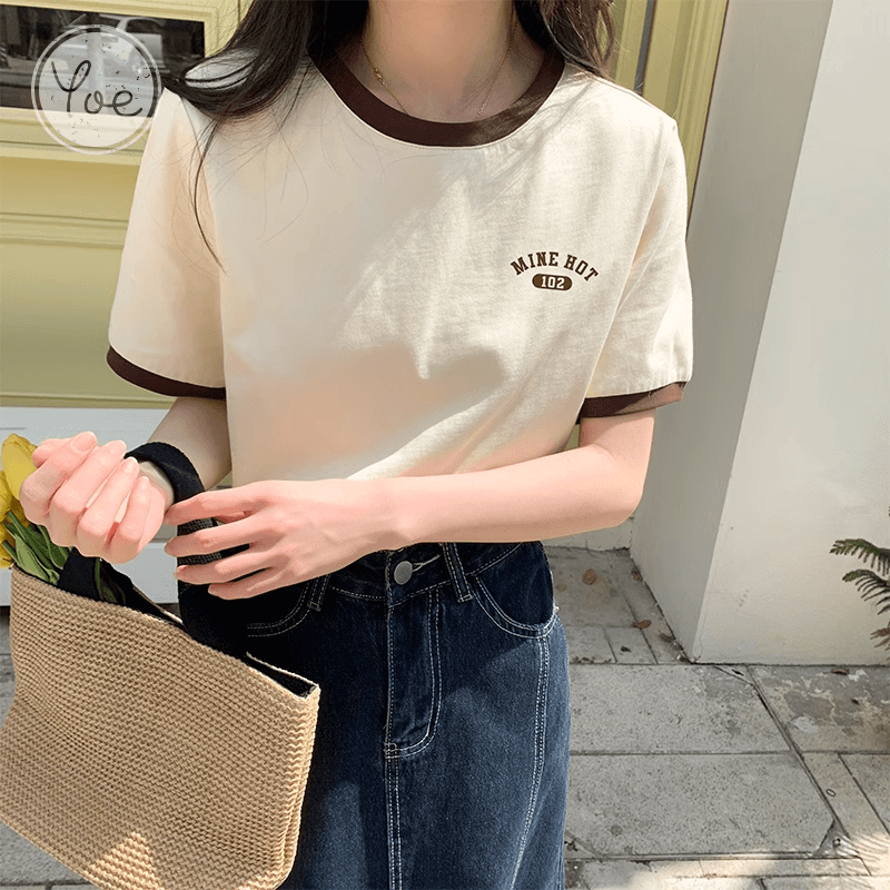 ベージュコーデ 配色切替ロゴ刺繍半袖カットソー