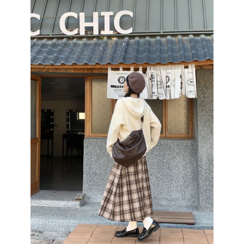 ベージュコーデ なごみチェック柄ロングスカート